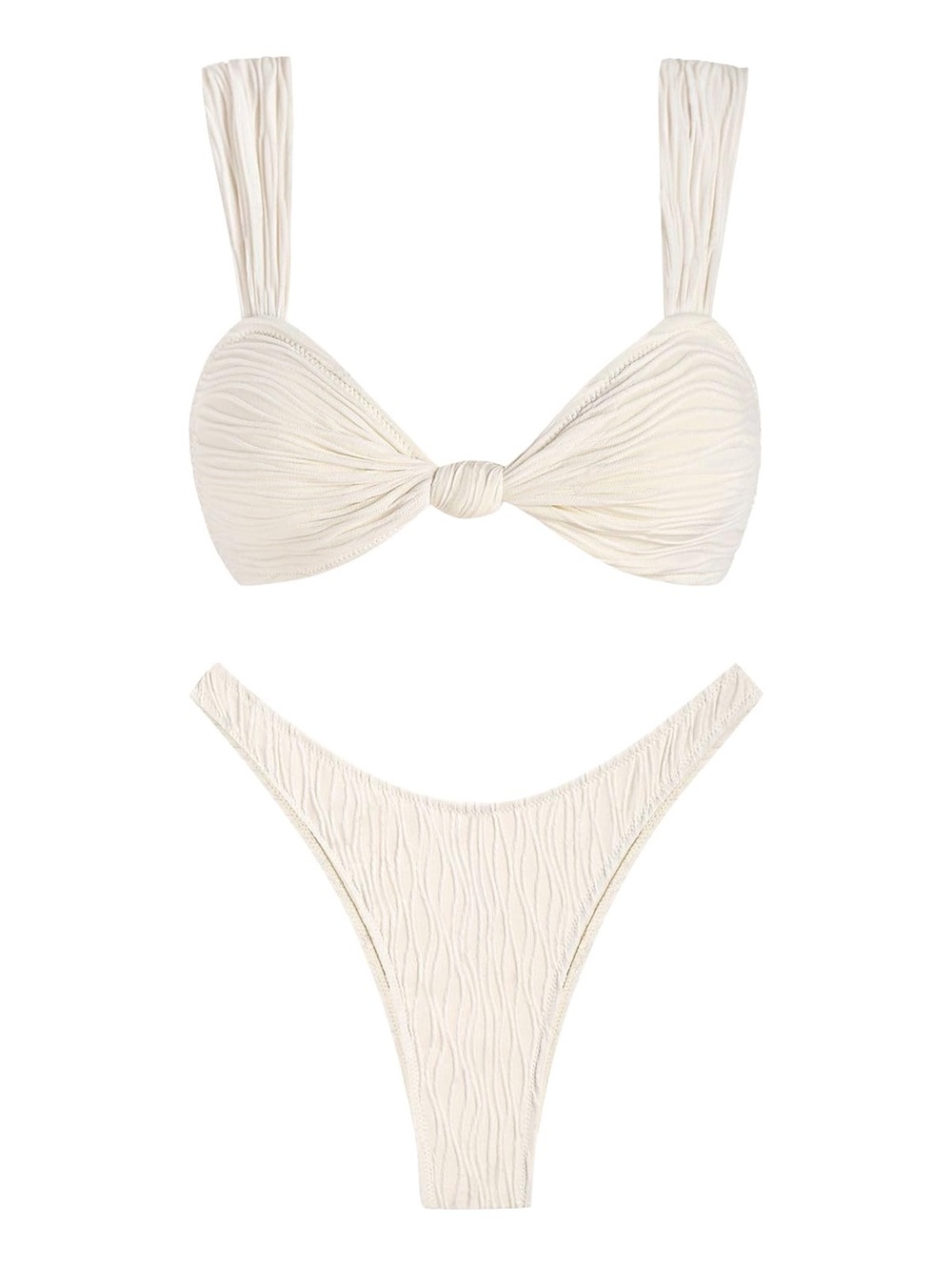 Cream Textured Knot Front Bikini Set